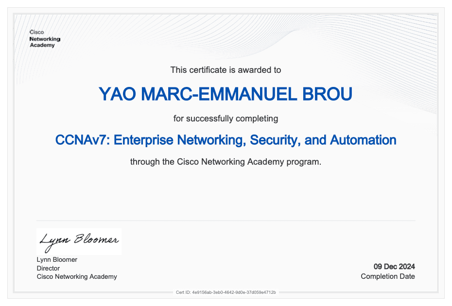 Certificat Cisco CCNAv7 Enterprise Networking, Security, and Automation